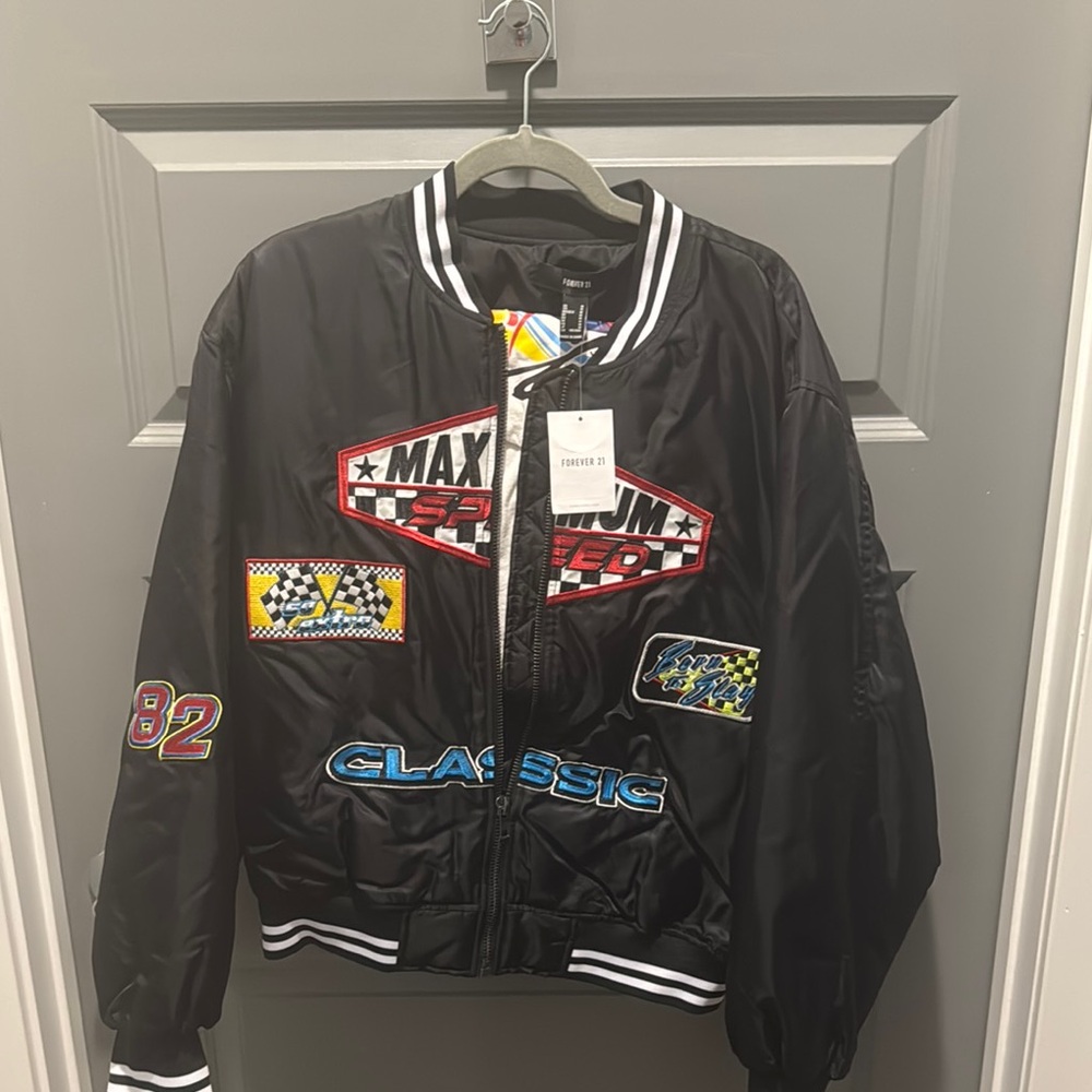 Black Racing Bomber Jacket with Patches